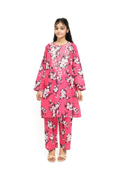 Plum 100% Cotton Lawn Pink Colour Printed White Burgundy Flowers Embroidered White threads On Stitched 2 pc suit for Girls.